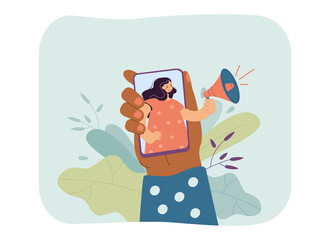 Wall Mural - hand of woman holding phone with girl with loudspeaker on screen. female character talking into mega