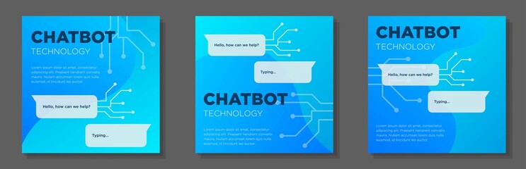 Chatbot technology social media post, banner set, artificial intelligence advertisement concept, robot chat marketing square ad, abstract print, isolated on background