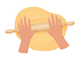 Hands with fresh dough and rolling pin. Rolled out dough for baking, pizza, cookie, biscuit, bread.