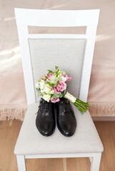 Wall Mural - Groom's morning. Wedding accessories. Shoes and wedding bouquet. vertical template stories