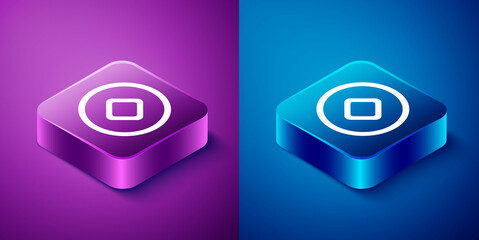 Sticker - Isometric Chinese Yuan currency symbol icon isolated on blue and purple background. Coin money. Banking currency sign. Cash symbol. Square button. Vector