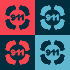 Canvas Print - Pop art Telephone with emergency call 911 icon isolated on color background. Police, ambulance, fire department, call, phone. Vector