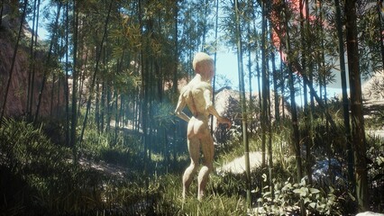 Wall Mural - an alien on his home planet, resting and relaxing in a green rainforest. the concept of discovering 