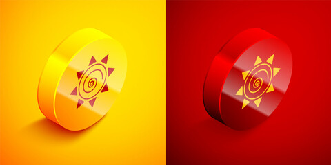 Sticker - Isometric Sun icon isolated on orange and red background. Circle button. Vector