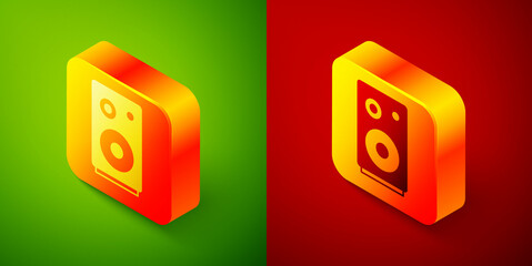 Canvas Print - Isometric Stereo speaker icon isolated on green and red background. Sound system speakers. Music icon. Musical column speaker bass equipment. Square button. Vector