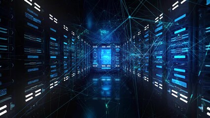 Data Center Network Server Communication – Futuristic Server Room Flythrough, Digital Infrastructure Animation, Cloud Computing Concept, IT Technology Background