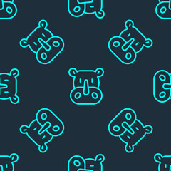 Green line Rhinoceros icon isolated seamless pattern on blue background. Animal symbol. Vector