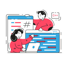 Wall Mural - programmer colleagues development mobile web application soft writing script working as team vector 