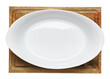 one white plate or dish on a wooden kitchen cutting board, detailed on a white background, a real photo of an isolated object