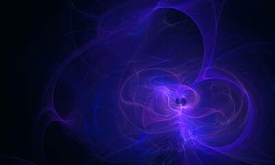Wall Mural - Purple violet blue 3d electricity charges in deep dark space. Chaotic blazing discharges and lightnings glowing in galactic dimension. Fictional scientific concept. Great as cover print, art. 