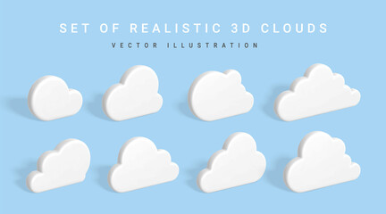 Wall Mural - set of 3d clouds. white clouds with shadow isolated on blue background. vector illustration