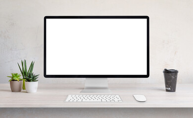 Poster - Computer display on work desk with white, isolated screen for web page presentation