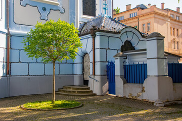 Side Porch of Romantic Blue Church of St. Elizabeth in Bratislava, Slovakia