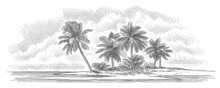 Tropical Beach With Palm Trees Engraving Vintage Style Illustration. Vector. 