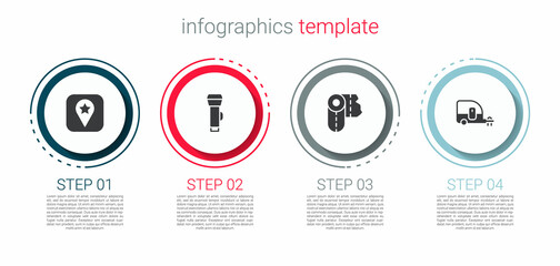 Wall Mural - Set Location for camping, Flashlight, Paper towel roll and Rv Camping trailer. Business infographic template. Vector