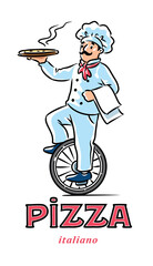 Sticker - Funny chef on monocycle with pizza. Emblem design