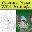 Coloring Pages: Wild Animals. Mother raccoon stands with her little cute baby and smiles.