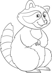 Coloring page. Cute raccoon stands and smiles.