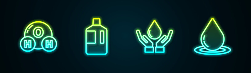 Canvas Print - Set line Chemical formula for H2O, Big bottle with clean water, Washing hands soap and Water drop. Glowing neon icon. Vector