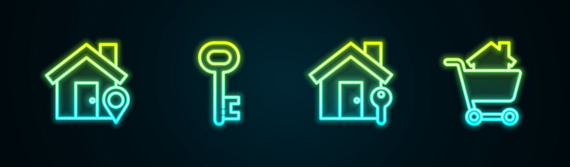 Canvas Print - Set line Location with house, House key, and Shopping cart. Glowing neon icon. Vector