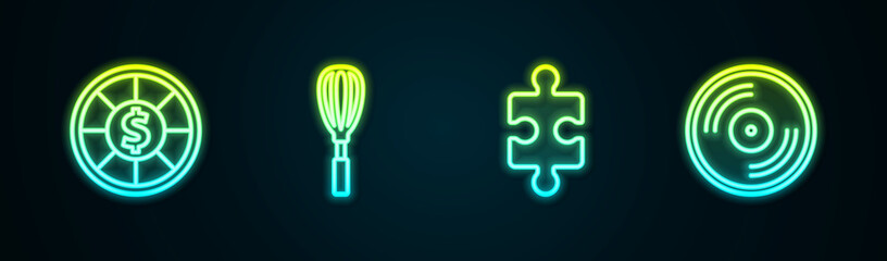 Sticker - Set line Casino chips, Kitchen whisk, Piece of puzzle and Vinyl disk. Glowing neon icon. Vector