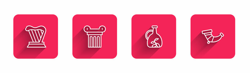 Sticker - Set line Harp, Ancient column, Bottle of olive oil and Hunting horn with long shadow. Red square button. Vector