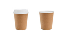 Empty Paper Cup For Coffee Made From Biodegradable Brown Paper On A White Background. Two Versions With Lid And Without Lid. Isolated Object, Template For Advertising.