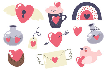 Wall Mural - Collection St. Valentine's Day. Hand-drawn hearts and sweets, envelope, birdie, price tag, cake. Vector isolates on white background.