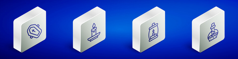 Sticker - Set Isometric line Coffin with cross, Burning candle, Camping lantern and Bottle potion icon. Vector