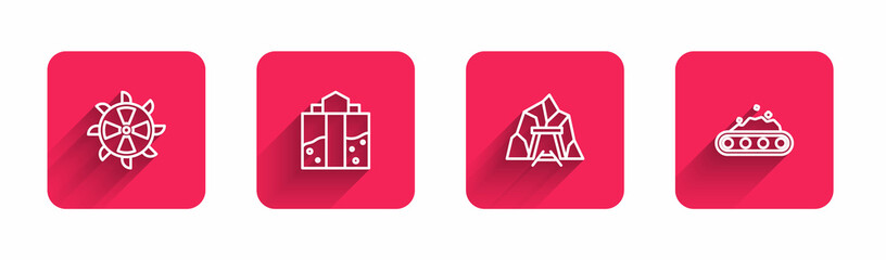 Sticker - Set line Bucket wheel excavator, Mine entrance, and Conveyor belt carrying coal with long shadow. Red square button. Vector