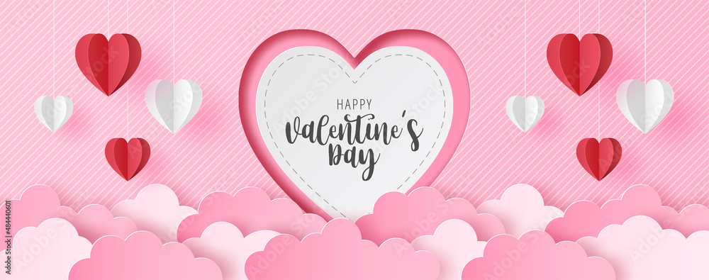 Paper cut of Happy Valentine's Day text on white heart with origami ...