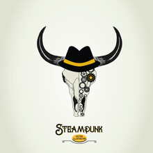 Steampunk Bull Skull Illustration With Hat And Mechanical Eye