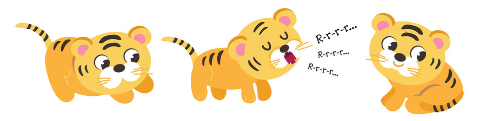 Cute tiger cub in nature. Animal in cartoon style for design. Vector illustrations, full color.