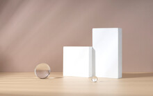 Cosmetic Product Showcase Stand Photography For Online Marketing Include Crystal Ball And White Stand On Beige Background