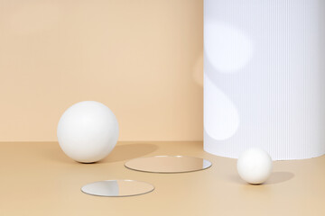 Skincare and cosmetic product showcase stand photography for online marketing include white ball and mirror on beige background