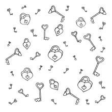 Heart Lock Key Doodle Black White Graphic Sketch Background Illustration Vector. Hand Drawn Elements About Love. Happy Valentine's Day Background.