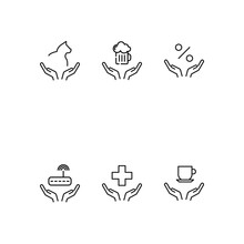 Charity And Philanthropy Concept. Modern Vector Outline Symbols Drawn With Thin Line. Line Icon Collection. Icons Of Cat, Bear, Percent, Router, Plus Sign And Coffee Cup Over Opened Hands