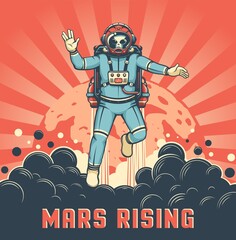 Wall Mural - martian astronaut with jetpack takes off against the background of mars. alien in space suit retro p
