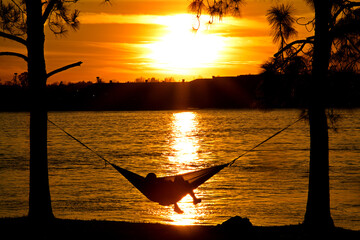 Sticker - A couple enjoys the sunset above the Mississippi River from a hammock in New Orleans Audubon Park