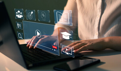 Wall Mural - person who attends online lessons on a digital screen.e-learning education, internet lessons and onl