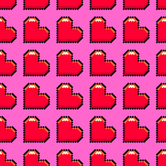 Poster - Red heart pixel art seamless pattern love symbol on vivid pink background vector backdrop for game, website, wrapping paper, Heart rotated 90 degrees