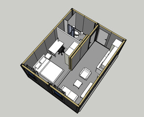 3d illustration of a container building. Suite room with double bed, living area, mini kitchen and wc.  New trend in construction: Steel container house. 