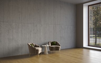 Wall Mural - Empty wall in Scandinavian style interior with armchair. 3D illustration, cg render