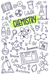 Wall Mural - Chemistry cover template. Science medical symbols icon set, subject doodle design. Education concept. Back to school sketchy background for notebook, not pad, sketchbook. Hand drawn illustration.