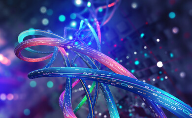 Digital cyber network technology 3D illustration. Global database. Network connections in cyberspace nano structures. Computer lines with open binary code