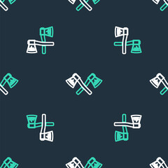 Wall Mural - Line Crossed wooden axe icon isolated seamless pattern on black background. Lumberjack axe. Vector