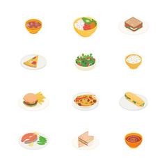 Food, meal, vegetable, fruit, meat, drink, cooking set. Isometric vector illustration in flat design.
