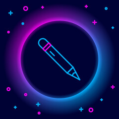 Poster - Glowing neon line Pencil with eraser icon isolated on black background. Drawing and educational tools. School office symbol. Colorful outline concept. Vector