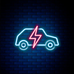 Poster - Glowing neon line Electric car and electrical cable plug charging icon isolated on brick wall background. Renewable eco technologies. Colorful outline concept. Vector