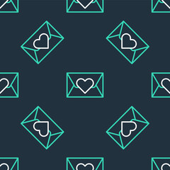 Wall Mural - Line Envelope with Valentine heart icon isolated seamless pattern on black background. Message love. Letter love and romance. Vector